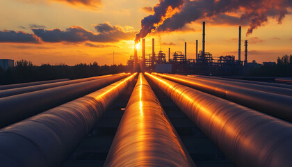Massive industrial pipes stretch towards factory complex against dramatic sunset sky with smoke plumes. Reflective surfaces of pipes gleam under warm sunlight