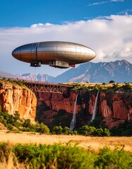 Naklejka premium A zeppelin over a canyon with waterfalls