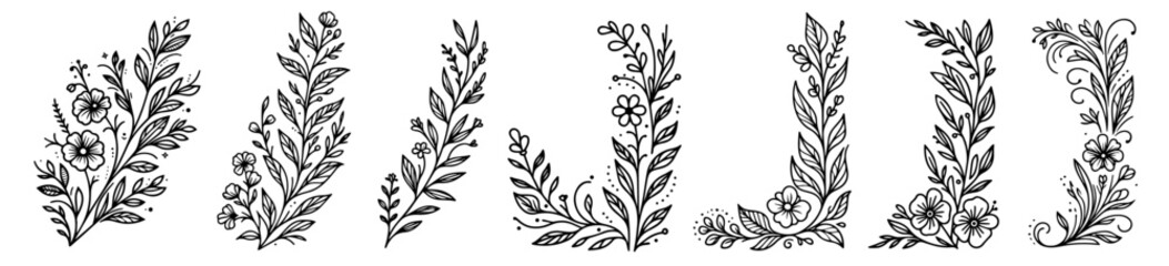hand drawn floral branches and border elements set vector