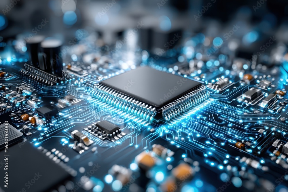 Poster close up view of a microprocessor circuit board glowing blue