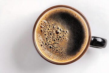 Bird's eye view of coffee mug with foam on white background
