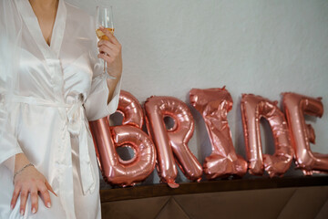 Bride Getting Ready, Rose Gold Balloons, Silk Robe, Champagne, Wedding Day, Luxurious Atmosphere,...