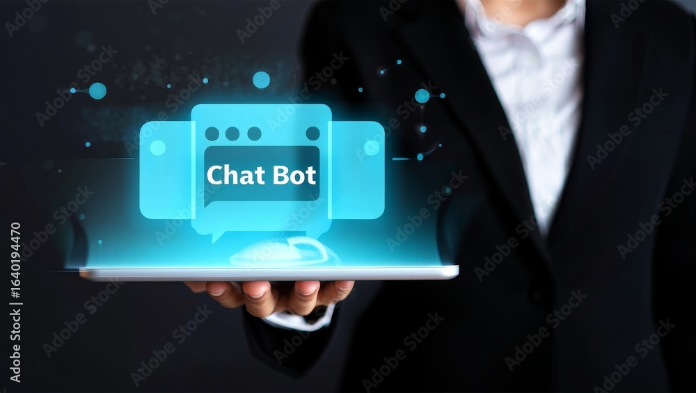 Poster chat bot technology on tablet for customer service and ai virtual assistant concept