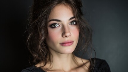 Naklejka premium A young woman showcases her expressive green eyes and natural beauty while posing against a dark backdrop, exuding elegance and confidence. Her wavy hair frames her face softly.