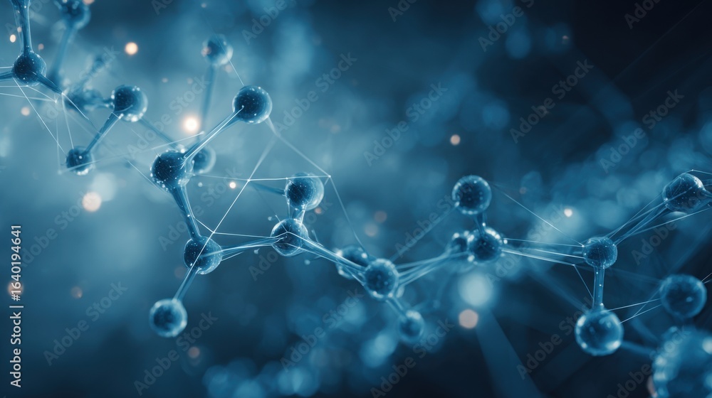 Poster close-up view of interconnected molecules illuminated against a dark blue backdrop, showcasing the i