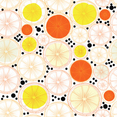 Abstract hand drawn pattern with vector orange slices and dots. Textile design