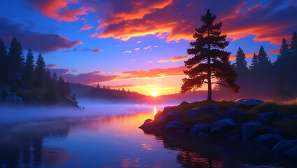 Tranquil lake sunset with pine tree silhouette and vibrant sky colors reflecting on the water surface in a peaceful landscape view