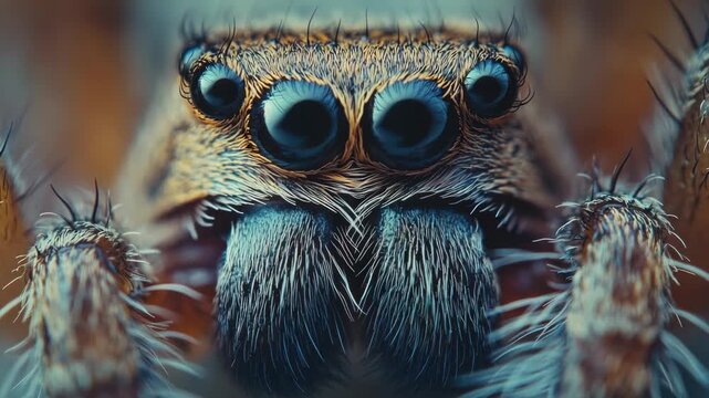 A detailed view of a spider's face with large, expressive eyes