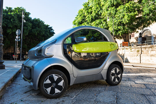 XEV YoYo electric quadricycle parked on the street, produced from 2021 by the Italian-Hong Kong car manufacturer. Palermo, Italy, August 2, 2025