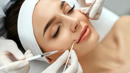 Aesthetic treatment: Woman receives facial injections for skin rejuvenation and beauty enhancement. Dermal fillers and anti-wrinkle procedures for a youthful look.