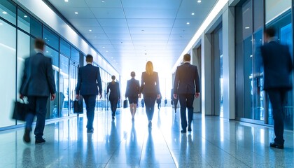 Business professionals walking down modern hallway