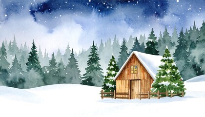 Watercolor winter landscape with a cozy wooden cabin