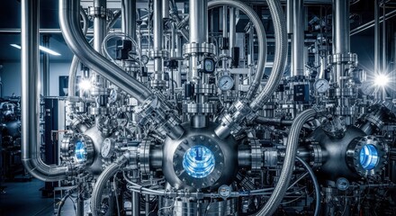 Complex pipeline network and vacuum systems surrounding diamond semiconductor CVD reactors ensuring contaminantfree environment and precise gas delivery.