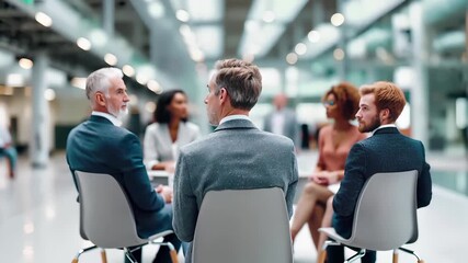 Business professional in suit at corporate conference meeting. Blurred audience background with warm bokeh lighting. Executive networking event, formal workplace gathering. Leadership development