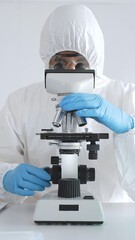 Medical scientist in protective suit using microscope while analyzing samples, conducting research...