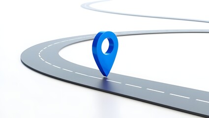 Blue map pin on winding road illustration for gps navigation and travel destination