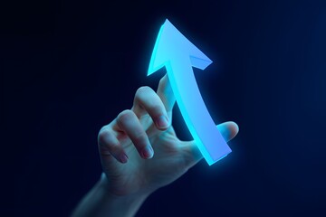 Hand touching glowing arrow pointing up, growth concept, business success, direction up