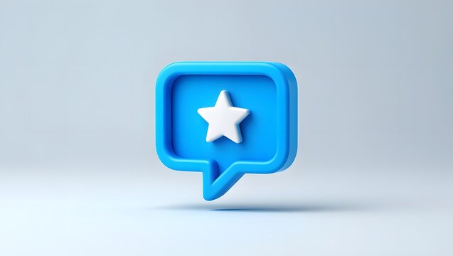 Blue speech bubble with star icon rating and feedback concept for social media app