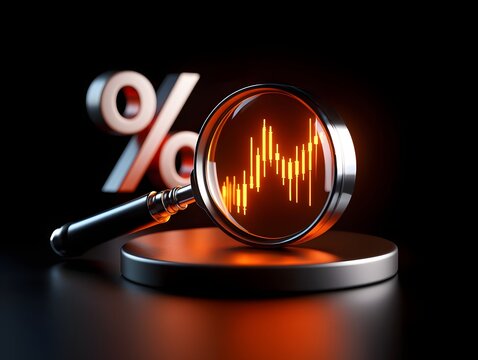 Analyzing stock market trends with magnifying glass and percentage symbol concept
