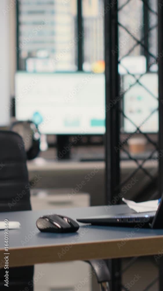 Poster vertical video sleek boardroom empty with technology and business documents, professional space prep