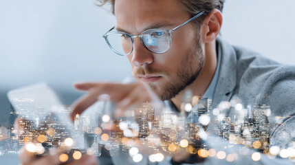Businessman focused on tablet with digital cityscape overlay, exploring innovative technology and data analysis