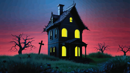 vector Haunted House Silhouette- Minimalist Landscape with Full Moon and Bats