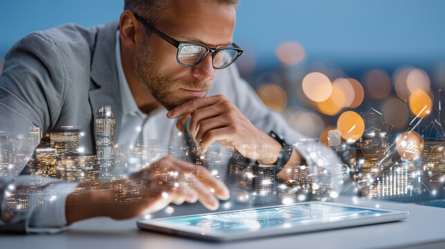 Businessman focused on tablet with digital cityscape overlay, exploring innovative technology and data analysis - Powered by Adobe