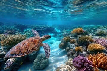 Fototapeta premium Sea Turtle Gracefully Swimming Through Vibrant Coral Reef Ecosystem