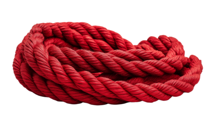 A thick red wrapped rope neatly coiled on a plain white background or transparent png 
