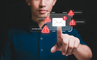 Frustrated user taps error message alerts, dealing with urgent system notification problems, highlighting cybersecurity issues and the need for tech support