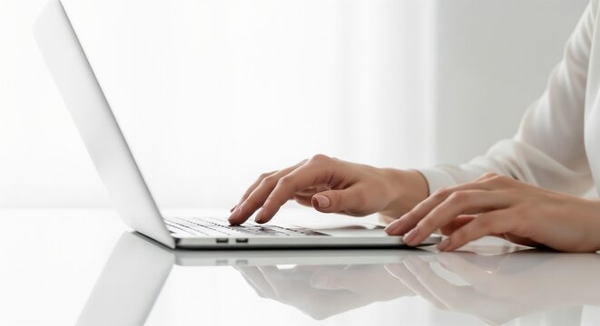 A woman's hands in a white blouse typing on a laptop on a white, minimalist desk and background.