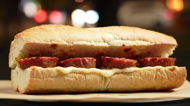 Delicious grilled chorizo sandwich on artisan bread with melted cheese in a warm light bokeh background, appetizing food photography of a spanish bocadillo for restaurant menus