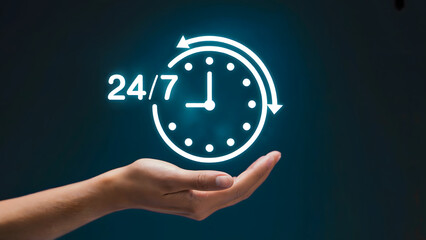 Always open concept with 24/7 availability shown on hand, symbolizing continuous service and customer support for your business needs anytime