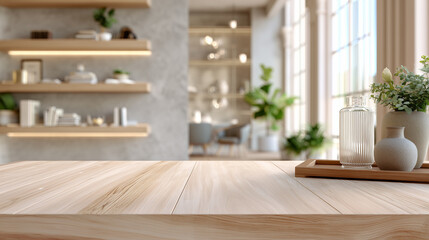 Living room interior with wooden table in foreground, Wood empty table top on blur kitchen counter room background, for montage product display or design key visual layout, template