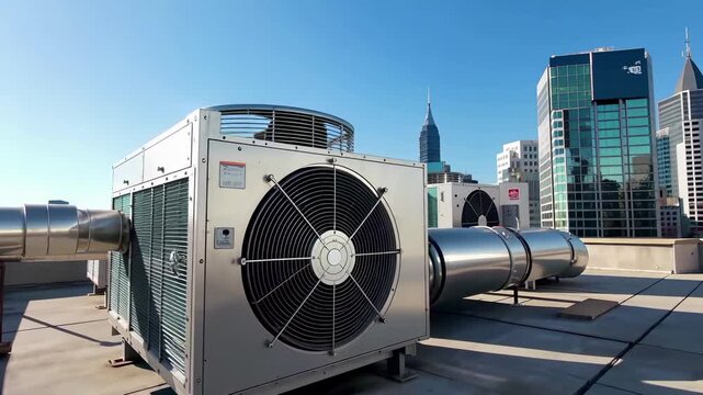 Hvac rooftop unit on commercial building with city skyline. Air conditioning system, ventilation equipment. Industrial cooling technology, mechanical engineering infrastructure. Urban facility