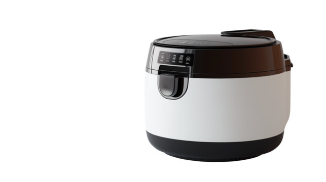 A modern air fryer device with a sleek design, used in kitchens to cook food using hot air, on a clean white background or transparent png
