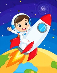 Fototapeta premium Child astronaut in rocket ship, space background