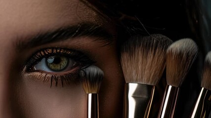 Close-up: Eye with gold shimmer shadow near an array of makeup brushes, showcasing beauty and cosmetic tools. The brushes add depth to the frame.