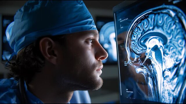Male caucasian surgeon looking at brain MRI scan. Doctor analyzing human head medical image. Medicine, health care, neurology footage.