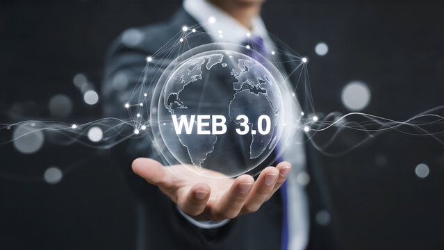 Businessman presenting Web 3.0 global network with modern technology, offering innovative solutions for the future of decentralized internet and blockchain