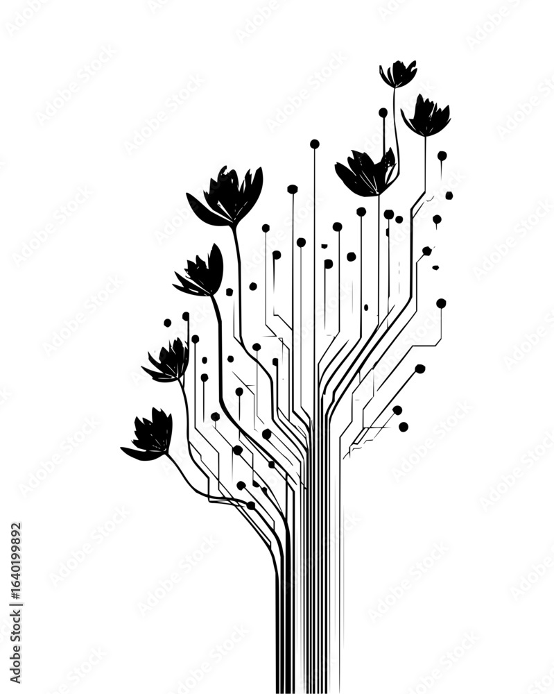 Poster circuit board flower tree vector illustration for technology nature and design projects and template