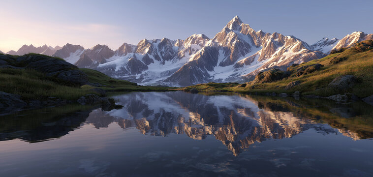 ai majestic sunset over snow-capped mountains reflecting in tranquil lake surrounded by lush greenery