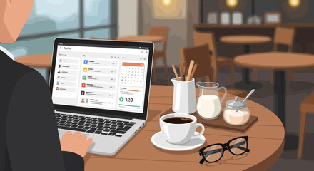 Fototapeta premium Man Working On Laptop In A Cafe While Having Coffee