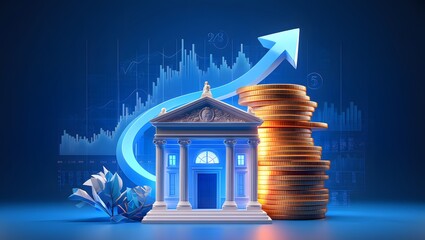 Finance and banking growth concept illustration with building and coin stack image
