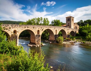 Fototapeta premium Ancient stone bridge over a river with a church in the background