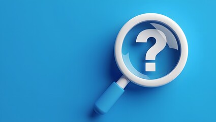Searching for answers concept with magnifying glass and question mark on blue background