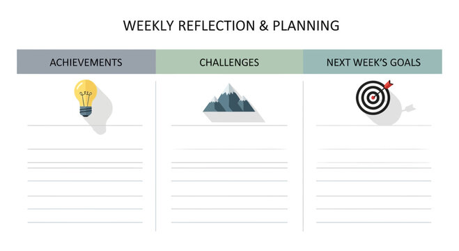Weekly Reflection And Planning Worksheet For Goal Setting And Productivity