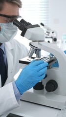 Man scientist wearing protective googles and blue gloves, is using microscope analyzing samples in...
