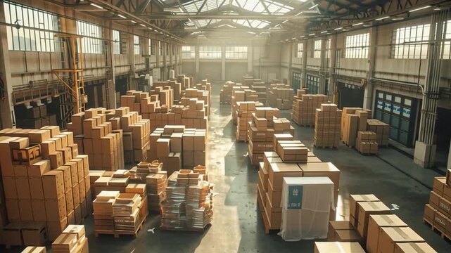 High-resolution aerial view of a large warehouse facility with neatly organized and stacked cardboard boxes prepared for distribution, shipping, and delivery across the supply chain