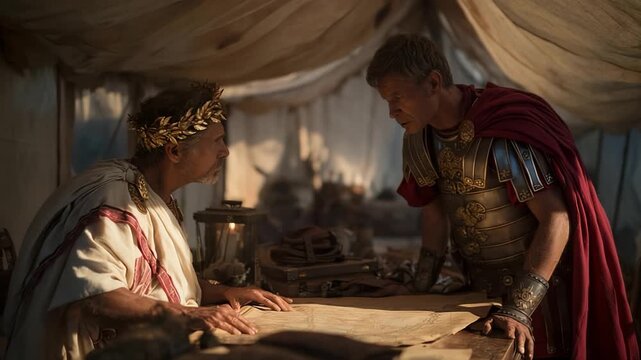 Roman leaders are seen discussing their military strategy inside a tent